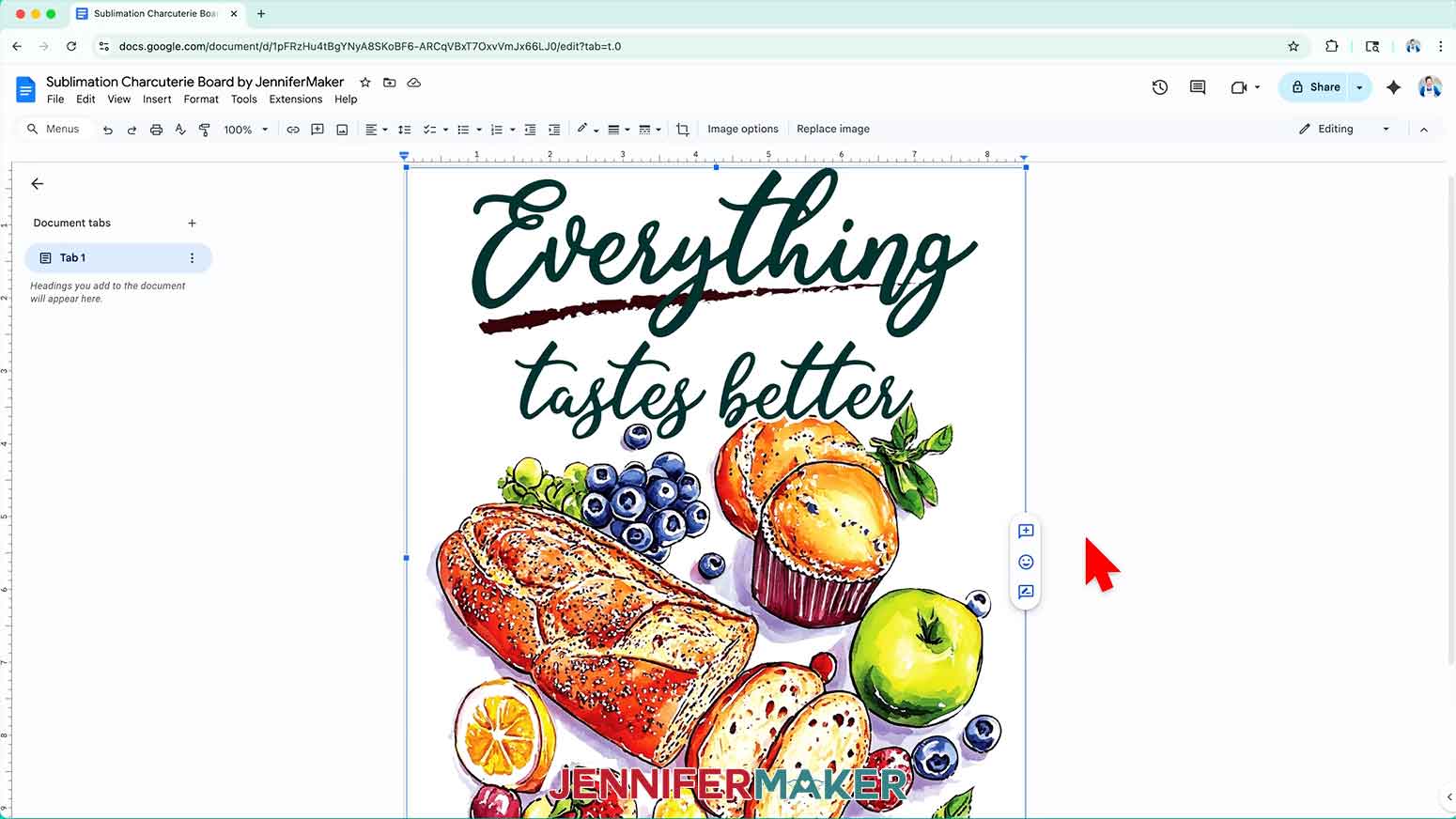 Upload the charcuterie board sublimation design onto the blank Google Docs page.