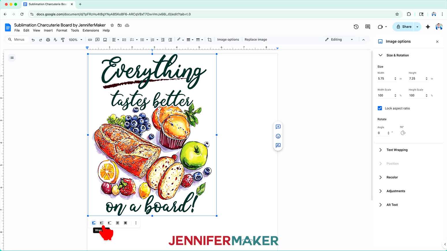 Click Wrap Text under the charcuterie board sublimation design.