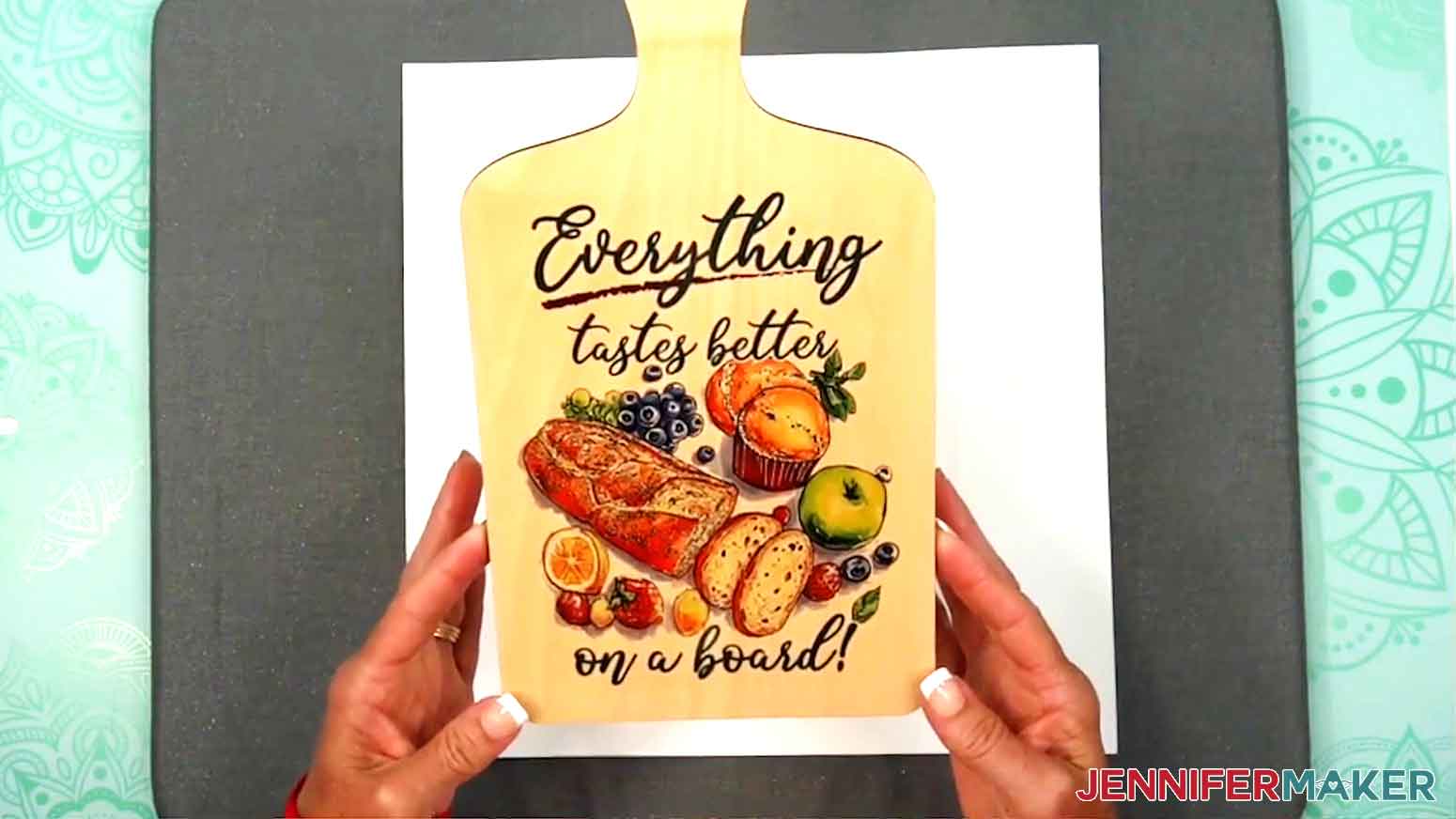 The sublimated charcuterie board is ready to display.