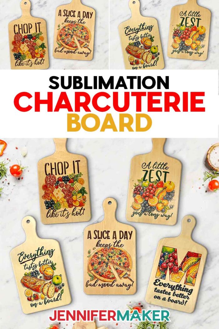 A collection of Sublimation Charcuterie Board projects decorated with adorable foodie designs