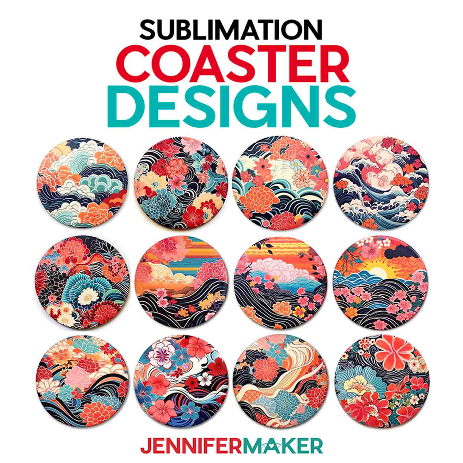 Get new sublimation coaster designs in JenniferMaker's new blog! Grid of 12 round sublimation coasters with bright Japanese art-inspired floral designs.