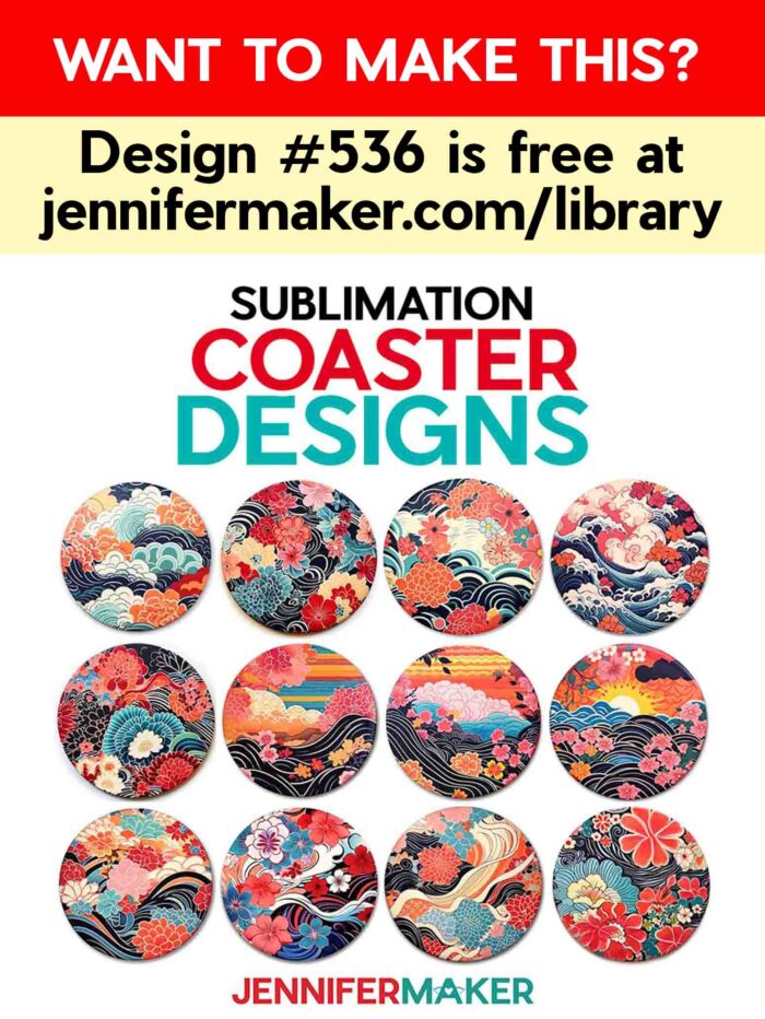 Want to make this? Find Design number 536 in the JenniferMaker free resource library to get the sublimation coaster designs. Get new sublimation coaster designs in JenniferMaker's new blog! Grid of 12 round sublimation coasters with bright Japanese art-inspired floral designs.