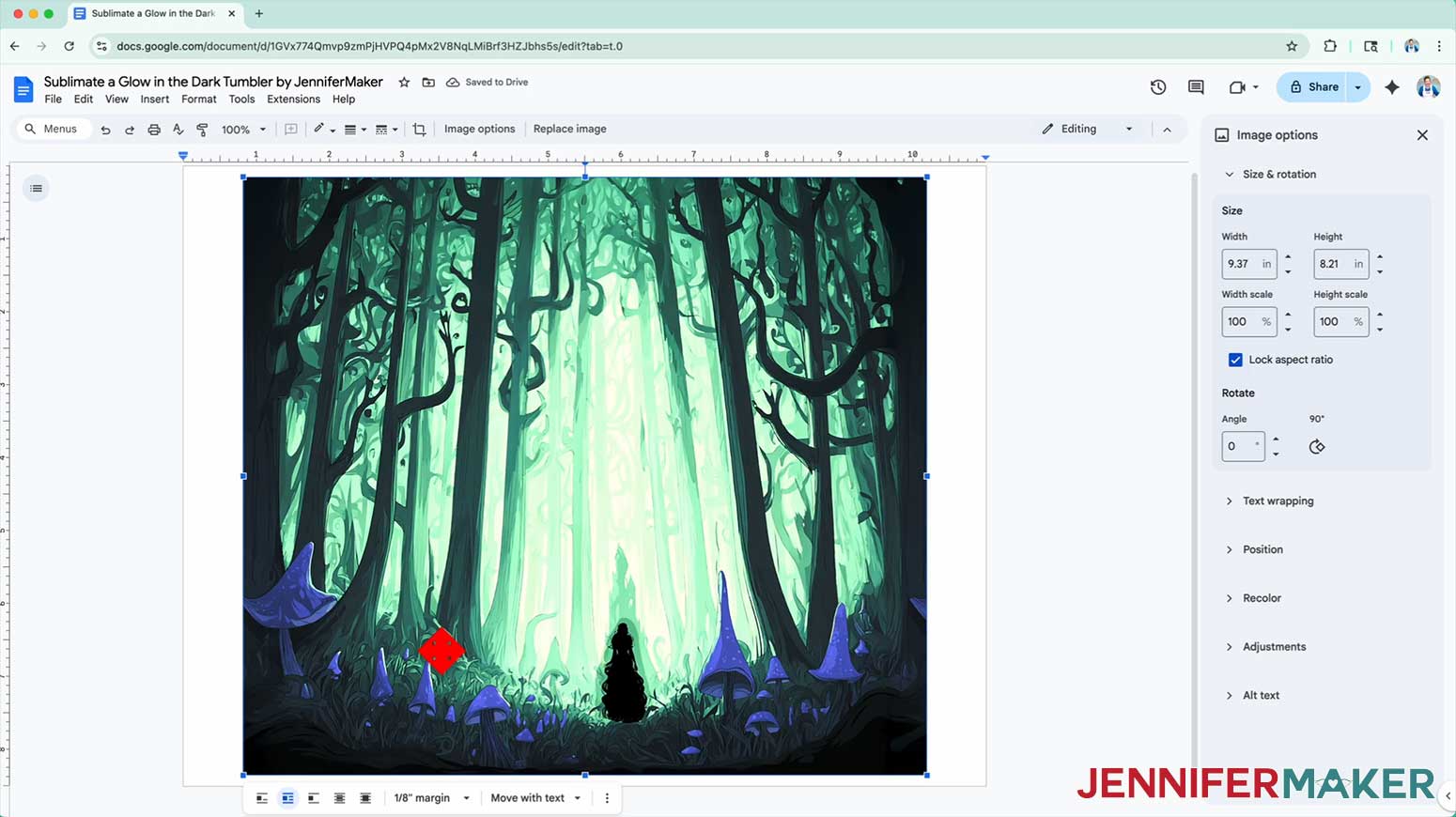 Center the glow in the dark tumbler reverse sublimation design on the Google Docs page.