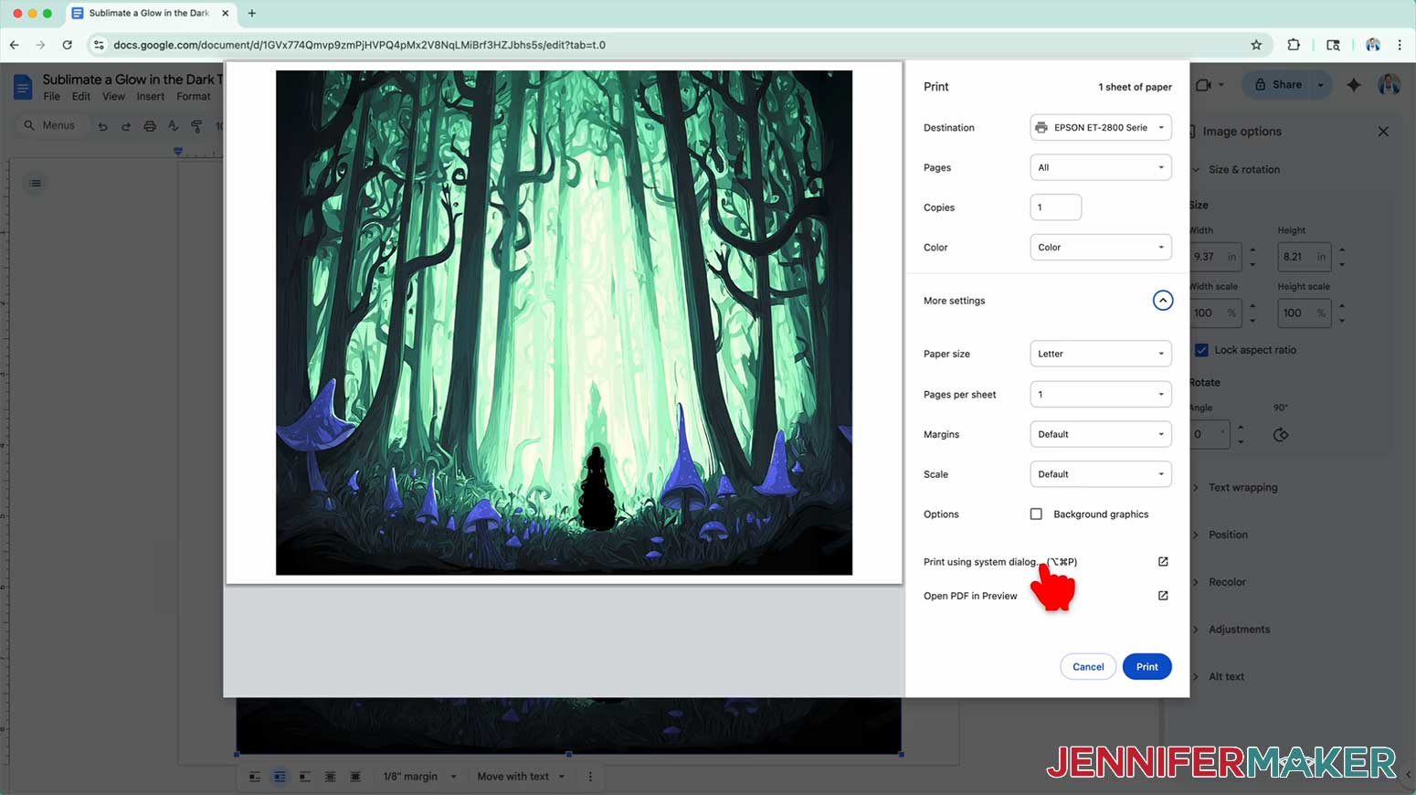 Click Print Using System Dialog to choose more advance print options for the glow in the dark tumbler reverse sublimation design.
