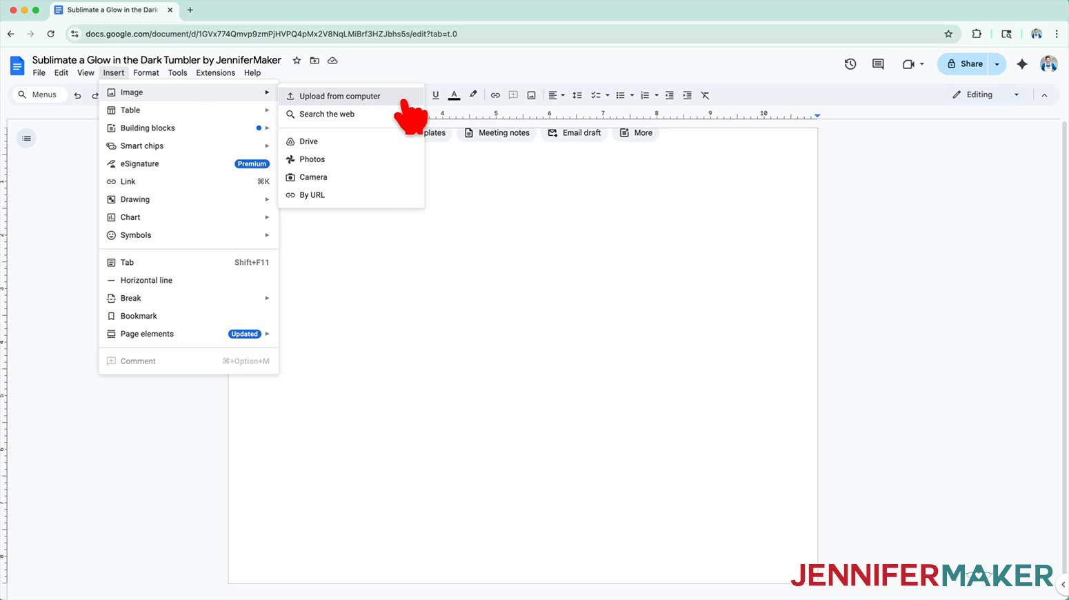 Click Upload From Computer to add the glow in the dark tumbler reverse sublimation design to the Google Document.