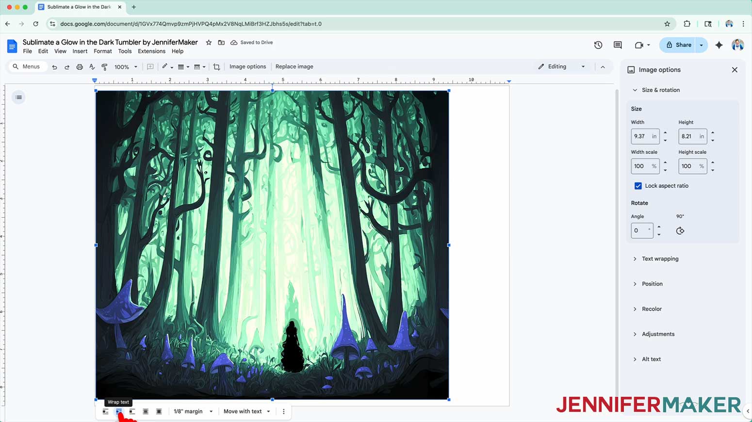Choose Wrap Text to move the glow in the dark tumbler reverse sublimation design around the print area of the Google document.