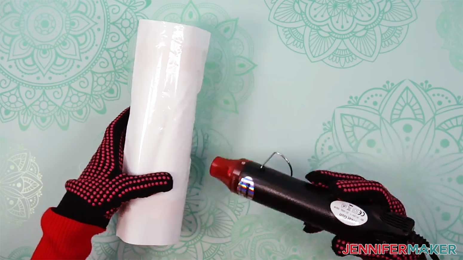 Shrink the heat shrink wrap onto the glow in the dark tumbler and reverse sublimation print until it can no longer move.
