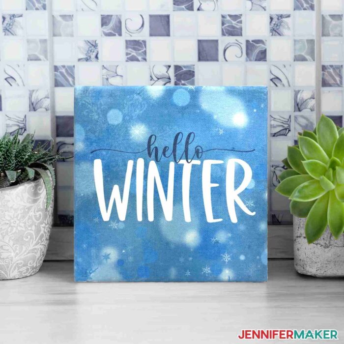 "Hello Winter" sublimation canvas next to potted plants