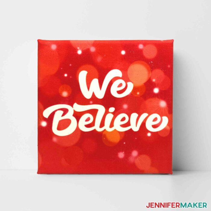 Red "We Believe" sublimation canvas on white background