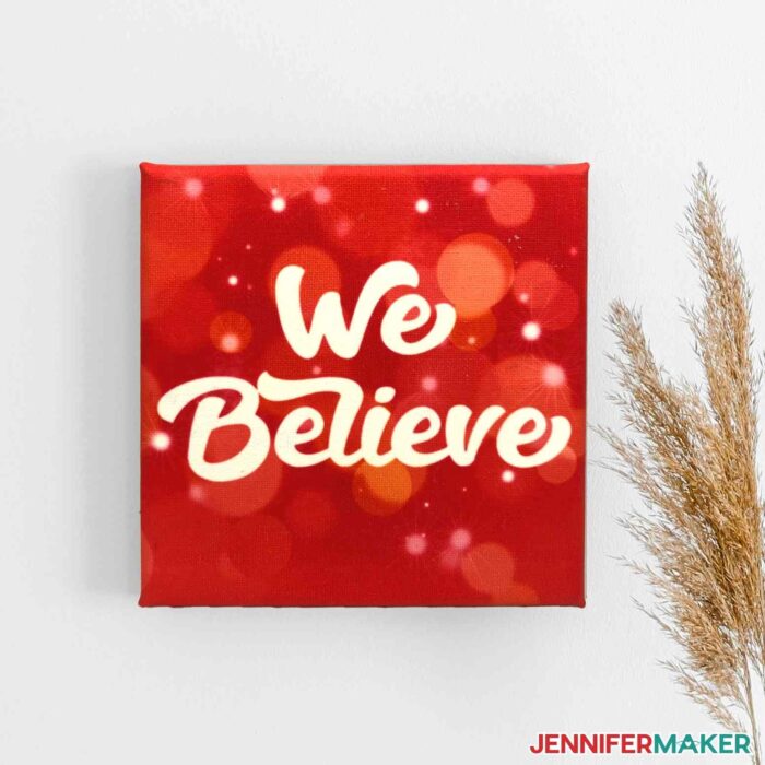 "We believe" red sublimation canvas on white background