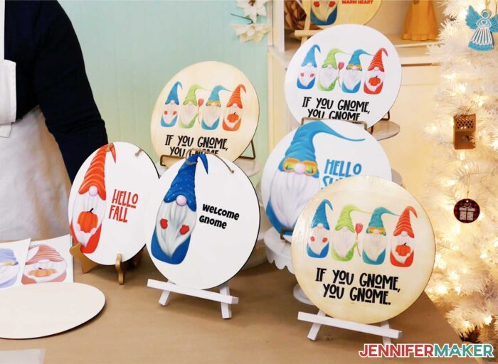 Sublimation on wood round signs with gnomes