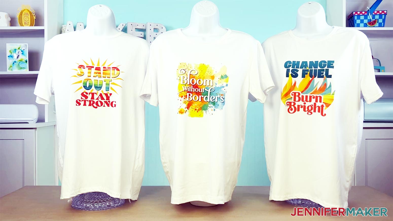 The Sublimation Shirt Ideas designs are pressed onto shirts and ready to wear.