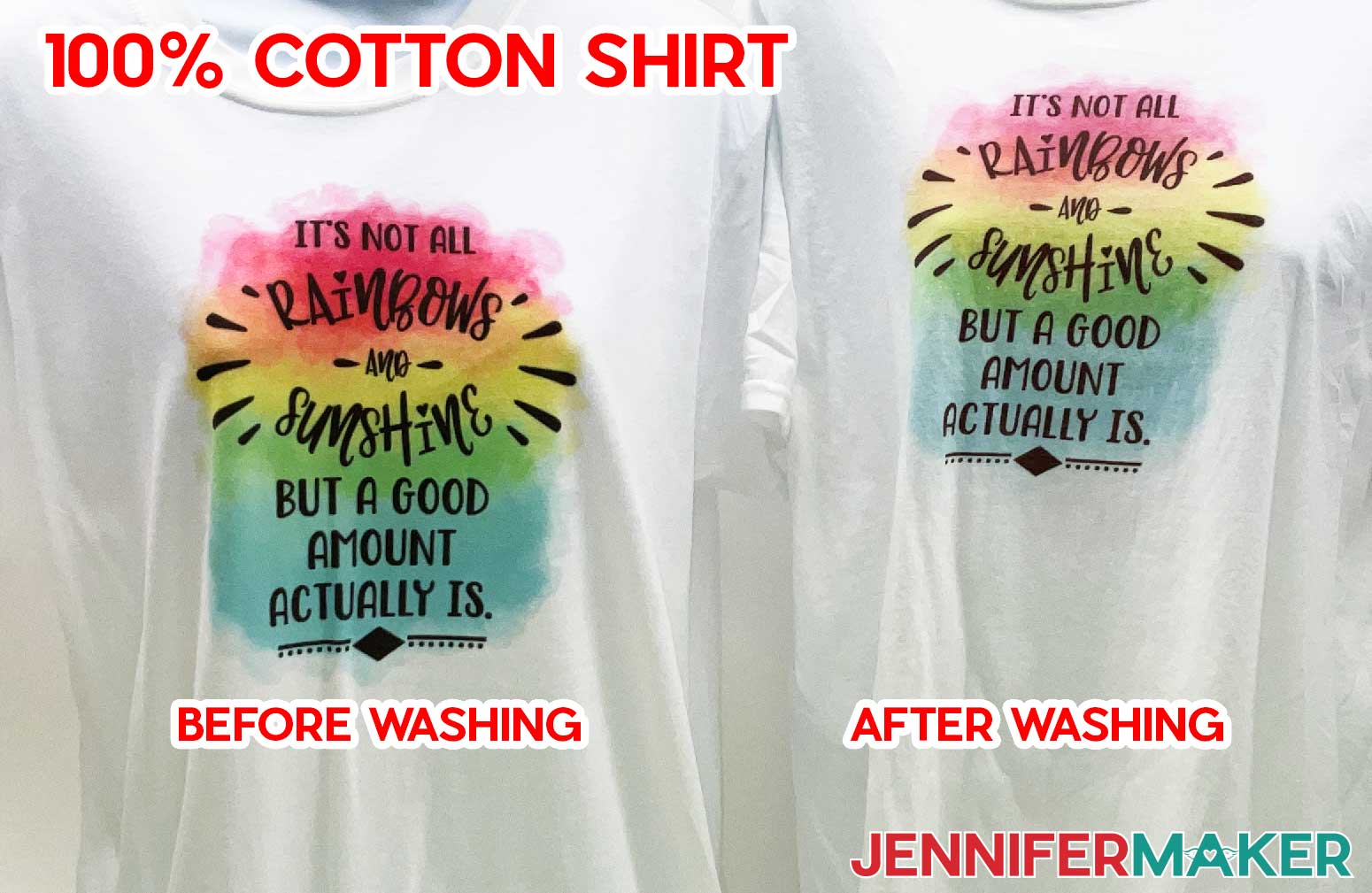 Two white 100% cotton t-shirts with sublimation ink, one not washed, one washed, to compare color