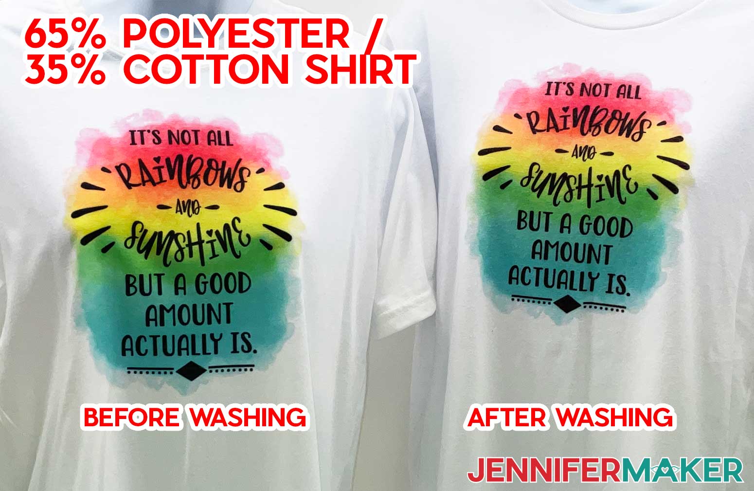 Two white 100% polyester t-shirts with sublimation ink, one not washed, one washed, to compare color