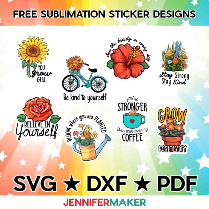 Make a sublimation sticker sheet with JenniferMaker's new tutorial! Get my free sublimation sticker designs, which include SVG, DXF, and PDF versions, at jennifermaker.com/530.