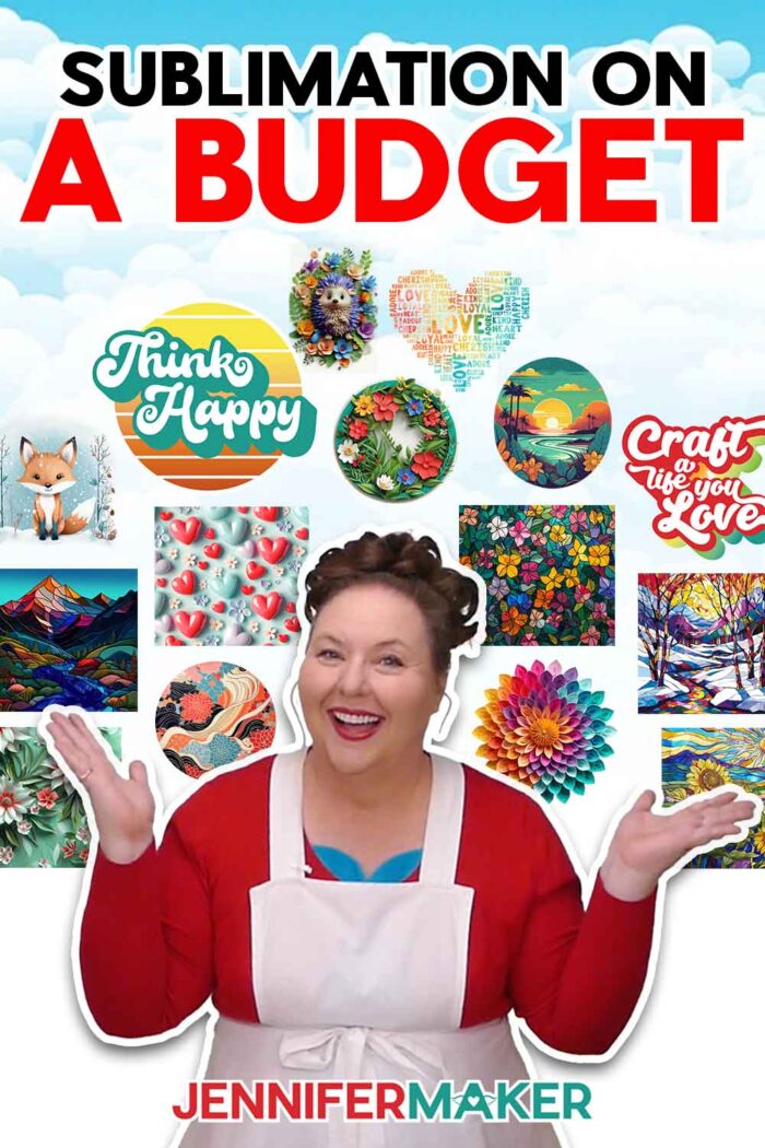 Free PNG files for sublimating using JenniferMaker's Sublimation Tips to Save Money! Jennifer Maker stands with her hands up, indicating the colorful PNG designs that surround her