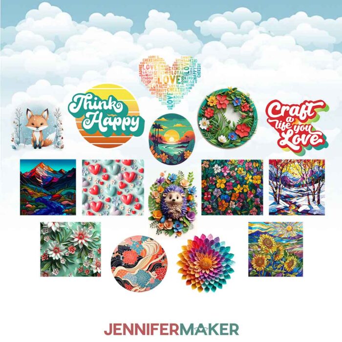 A collection of colorful designs by JenniferMaker, all used in the Sublimation Tips to Save Money blog