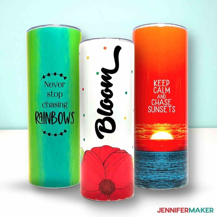 Three colorful sublimation tumblers.