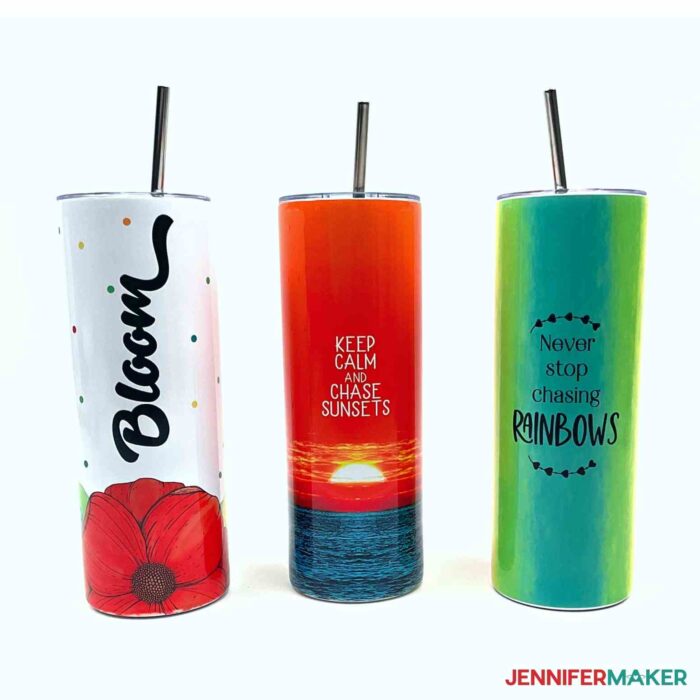 Three colorful sublimation tumblers on a white background.