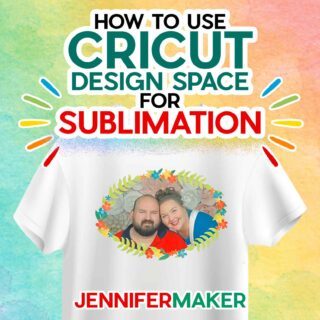 White t-shirt featuring sublimation with Cricut design of Jennifer Maker and Greg in a floral frame.