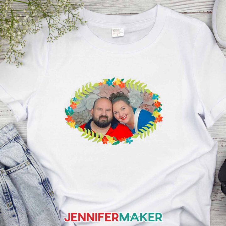 White t-shirt with a framed image of a happy couple made for sublimation with Cricut Design Space.