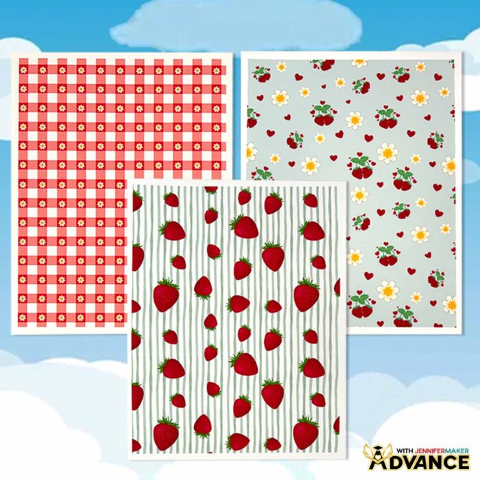 A collection of cute strawberry jam patterns made with paper printed with a Seamless Pattern In Canva