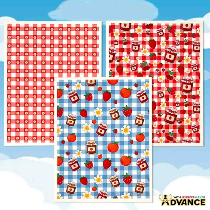 A set of paper printed with a Seamless Pattern In Canva, featuring strawberries and flowers