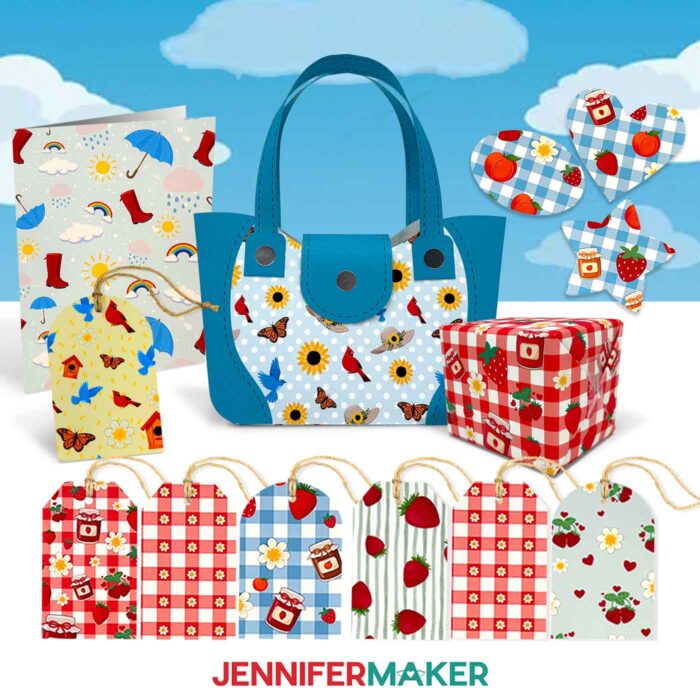 A collection of papercrafts made with cardstock printed with a Seamless Pattern In Canva. There are cards, gift tags, a paper purse, and wrapping paper