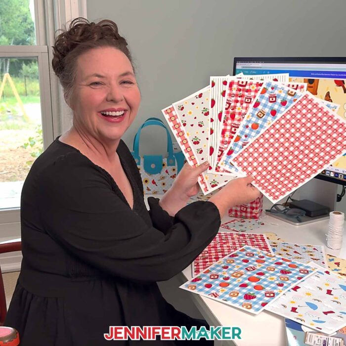 Jennifer Maker shows of a a collection of patterned paper she made, with Seamless Patterns In Canva
