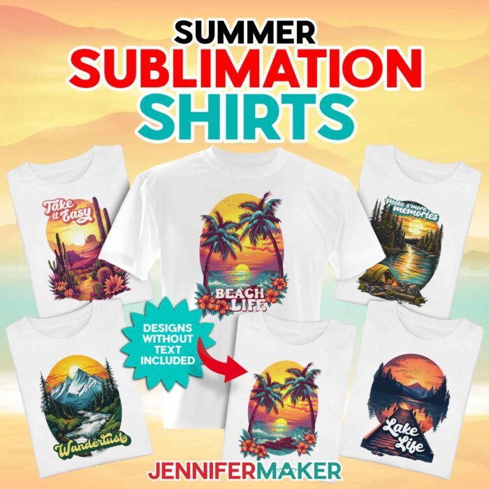 Learn how to make summer sublimation shirts with JenniferMaker's tutorial! A collection of white T-shirts, each with retro-style destination designs, sit folded on a light wood surface.