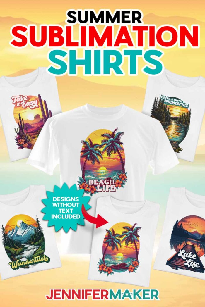 Get my free PNG files to make Summer Sublimation Shirts! Six sublimated white shirts with vintage style vacation designs. Designs without text are included in the free download!