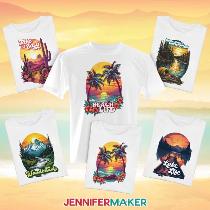 Learn how to make summer sublimation shirts with JenniferMaker's tutorial! A collection of white T-shirts, each with retro-style destination designs, sit folded on a light wood surface.