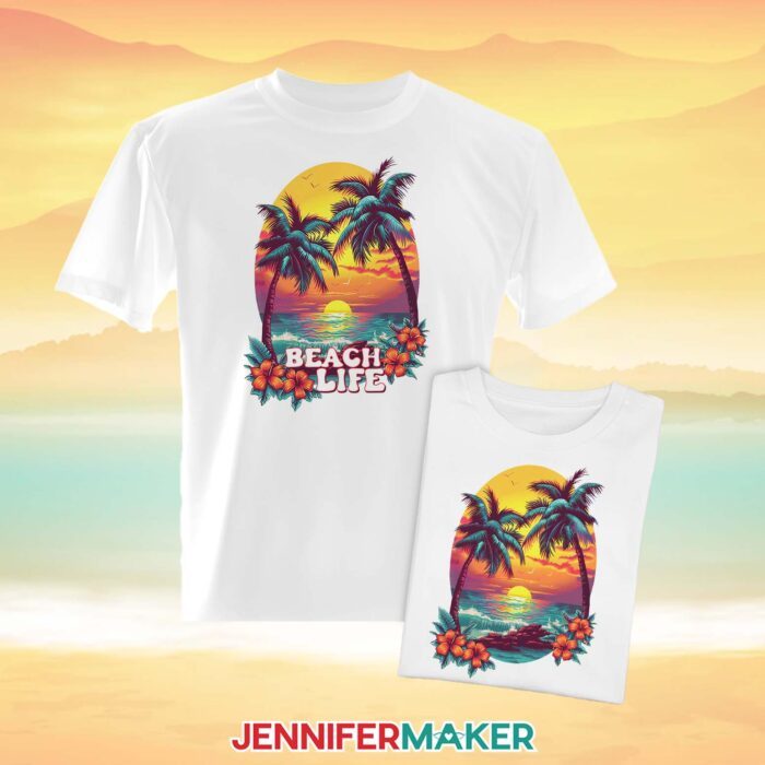 A white T-shirt, with a retro-style destination design with palm trees and the words "Beach Life" is just one of the Summer Sublimation Shirts you can make with my free PNG files