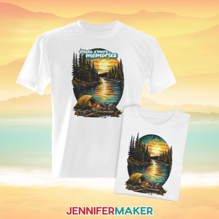 A white T-shirt, with a retro-style destination design with a camping scene and the words "Make S'more Memories." Make Summer Sublimation Shirts like this with the free tutorial and PNG files!