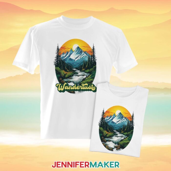 A white T-shirt, with a retro-style destination design with a mountain and the word "Wanderlust" against a summery yellow background. Make this and other Summer Sublimation Shirts!