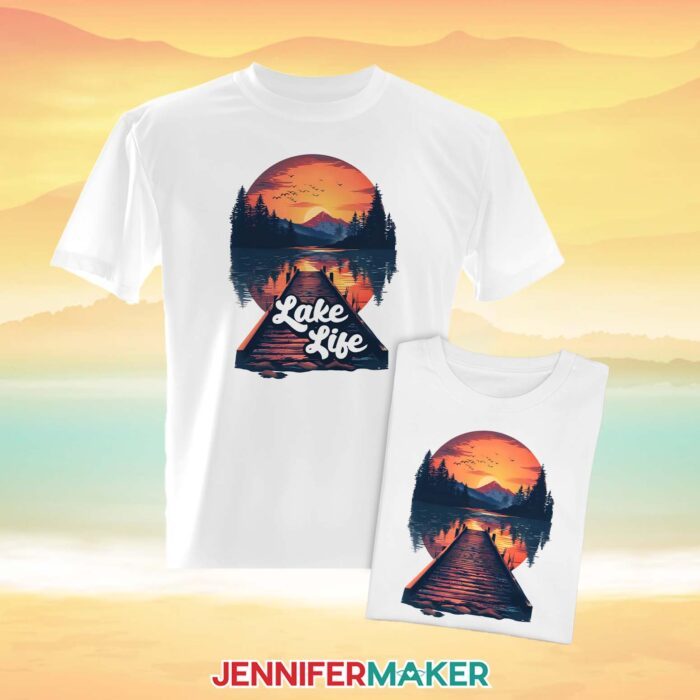 Want to make Summer Sublimation Shirts? A white T-shirt, with a retro-style destination design with a lake and the words "Lake Life"