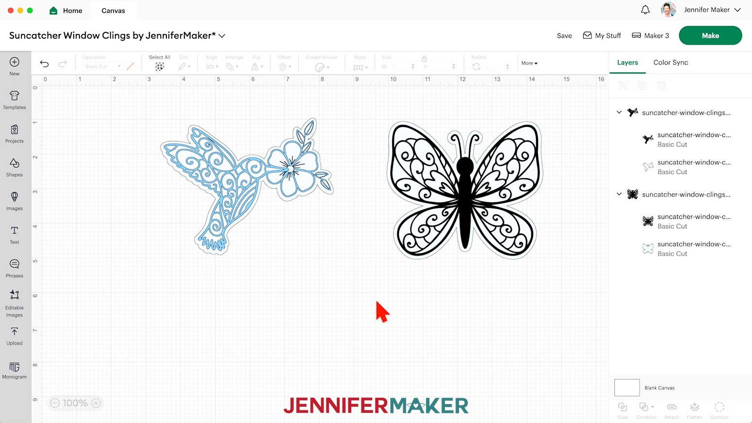 Hummingbird and butterfly suncatcher designs ready to make on Design Space canvas.