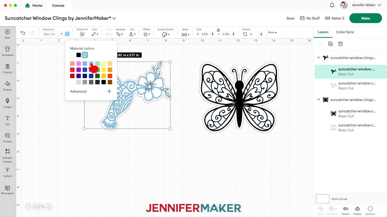 Select a design and click the color box menu to change the color of the design to cut it on a different material.