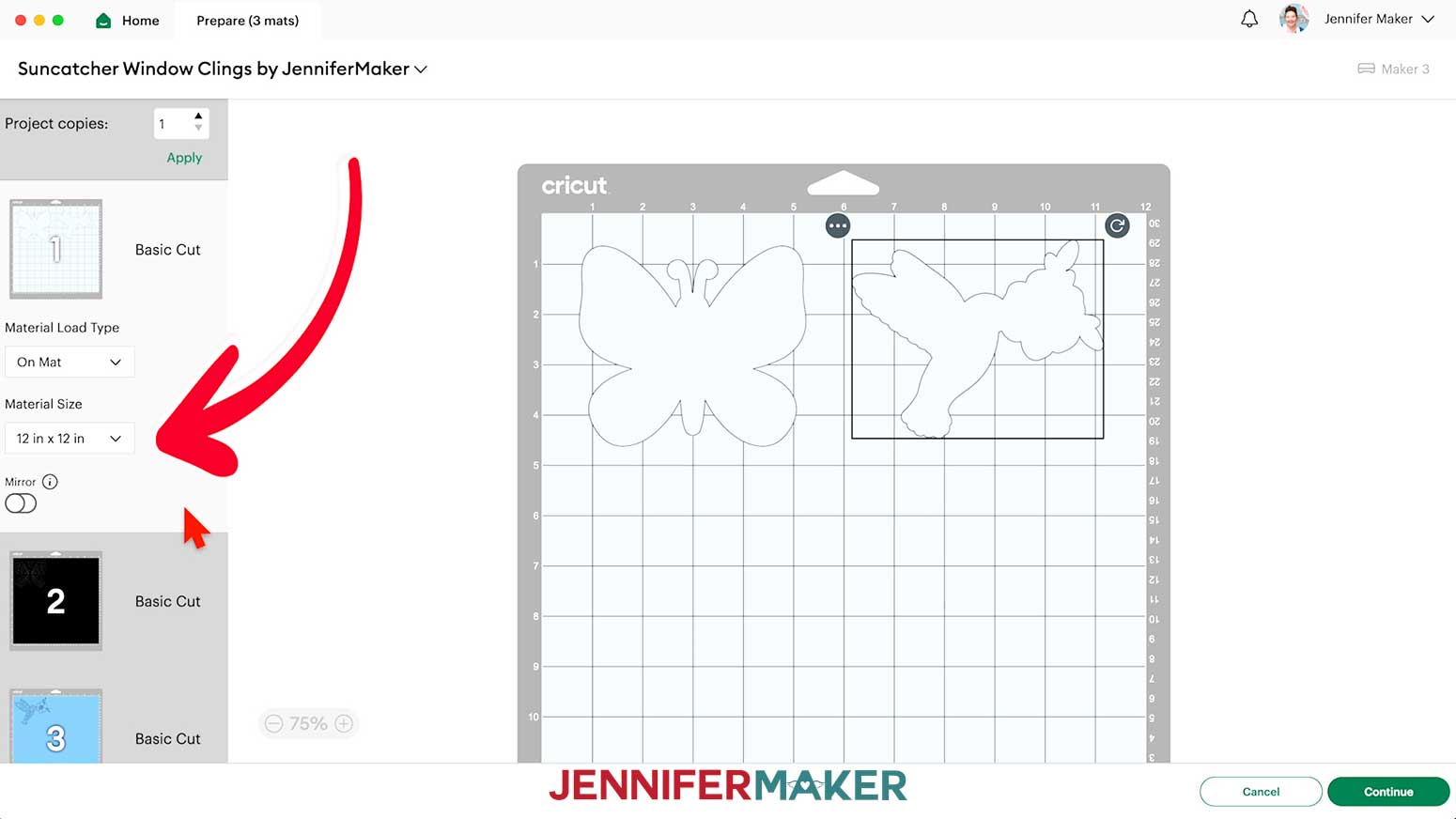 On the Prepare screen, keep the material size at 12 in x 12 in.