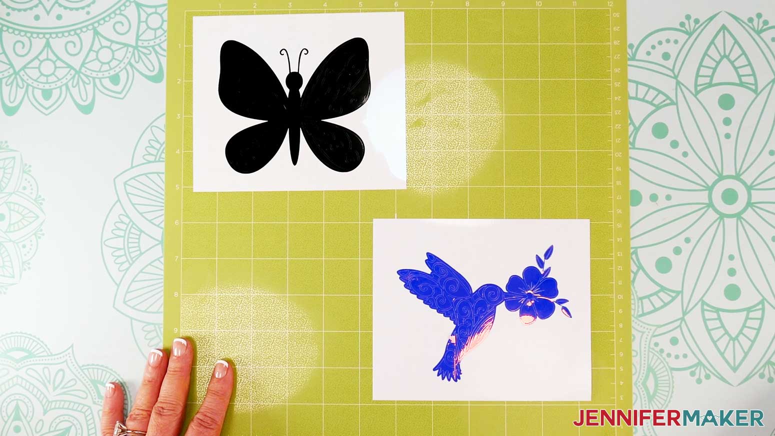 Place the cut vinyl designs on a machine mat to help with weeding the designs.