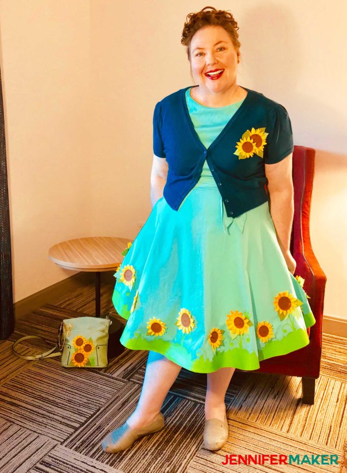 Jennifer Maker wearing her Cricut sunflower dress 