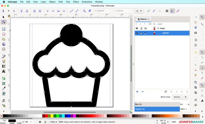 Editing paths by node on a cupcake in Inkscape to make a SVG file