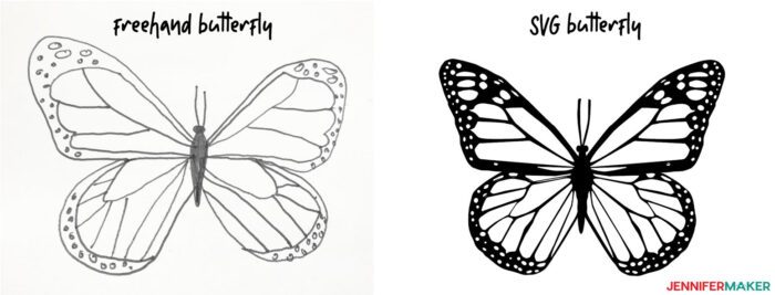 Freehand vs SVG File of a black monarch butterfly made in Inkscape