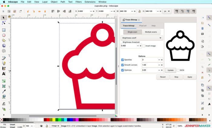 Settings in the Trace Bitmap dialog box in Inkscape to make a vector SVG Image