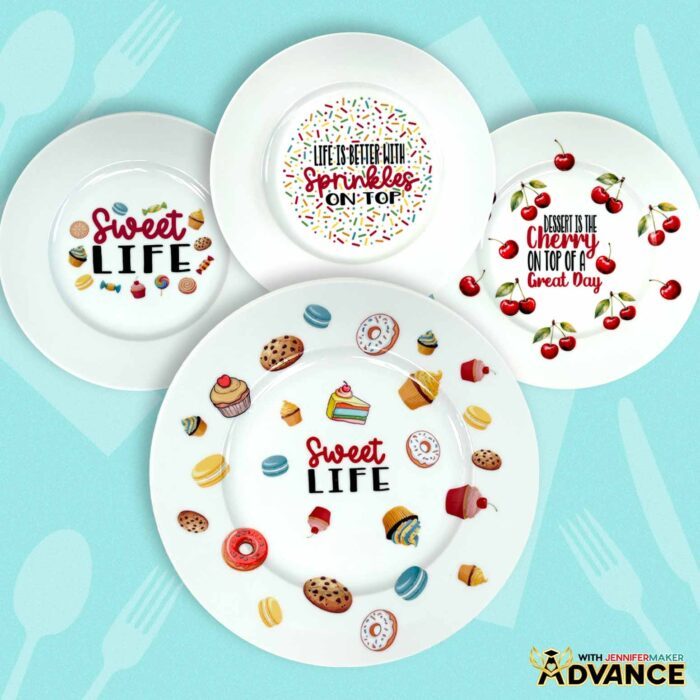 A collection of four waterslide decal-decorated plates with various food designs and cute quotes, from the Waterslide Decals For Beginners tutorial
