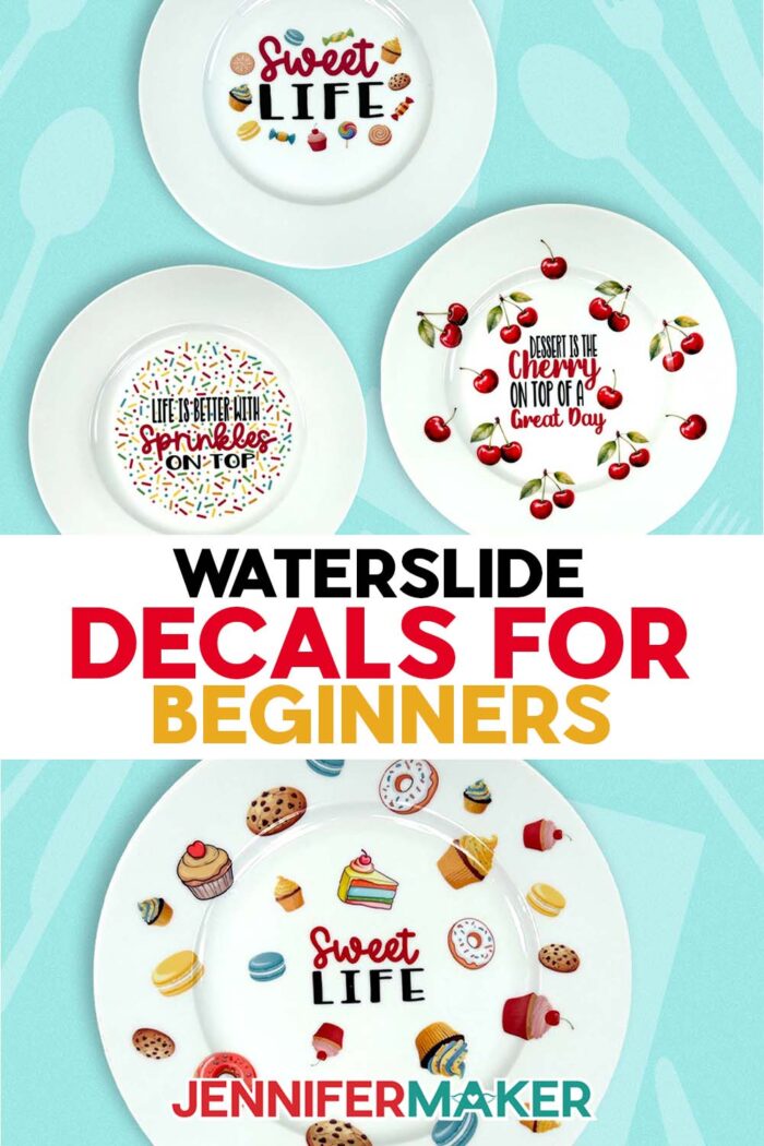 A collection of four waterslide decal-decorated plates with various food designs and cute quotes. Make your own with the free files from the free Waterslide Decals For Beginners tutorial