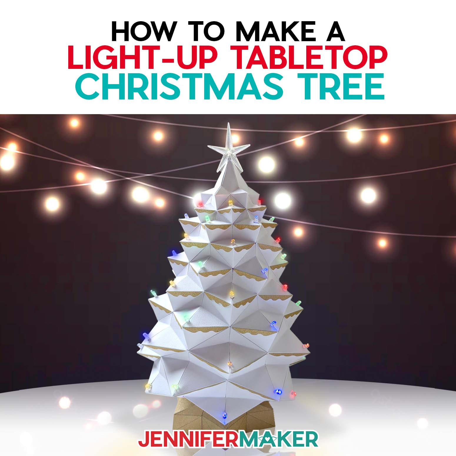 Lean how to make a light-up tabletop Christmas tree for the holidays with JenniferMaker's tutorial! An elaborate white cardstock Christmas tree glows with multicolored lights against a dark backdrop studded in twinkle lights.