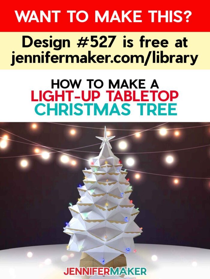 Learn how to make a light-up tabletop Christmas tree for the holidays with JenniferMaker's tutorial! An elaborate white cardstock Christmas tree glows with multicolored lights against a dark backdrop studded in twinkle lights. Design #527 is free at jennifermaker.com/library