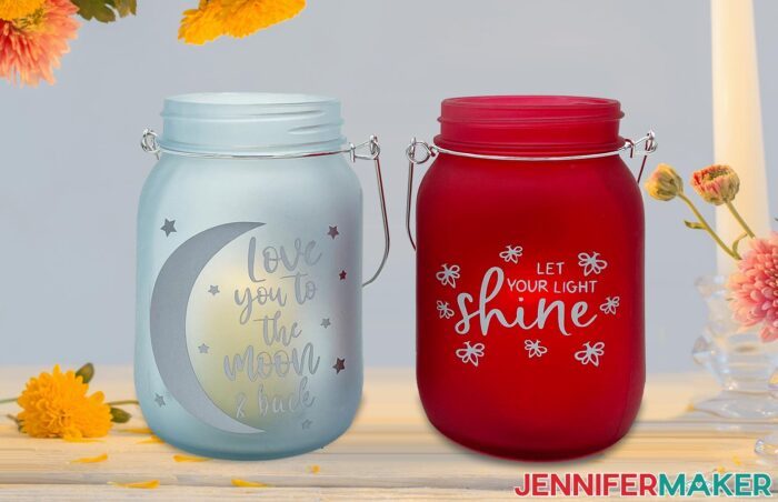 Blue and red glass lanterns from Target Dollar Spot DIYs with silver moon-themed decals.