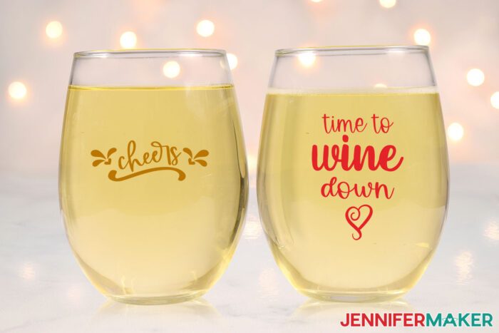Stemless wine glasses with permanent vinyl and the words "cheers" and "time to wine down"
